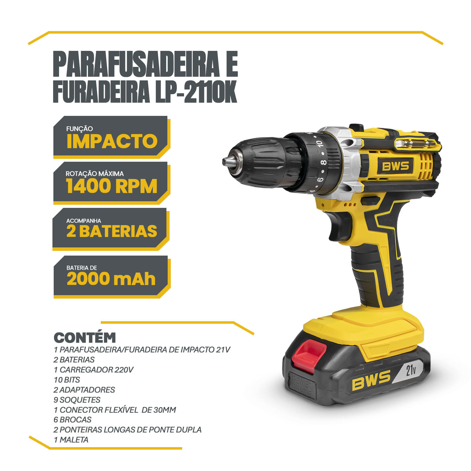 PARAFUSADEIRA / FURADEIRA 21V - LP-2110K C/2BAT.